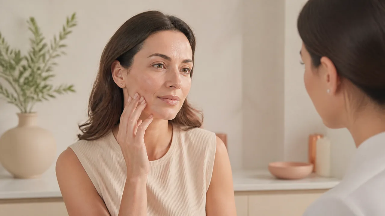 Mujer adulta en consulta estética sobre bioestimuladores de colágeno.