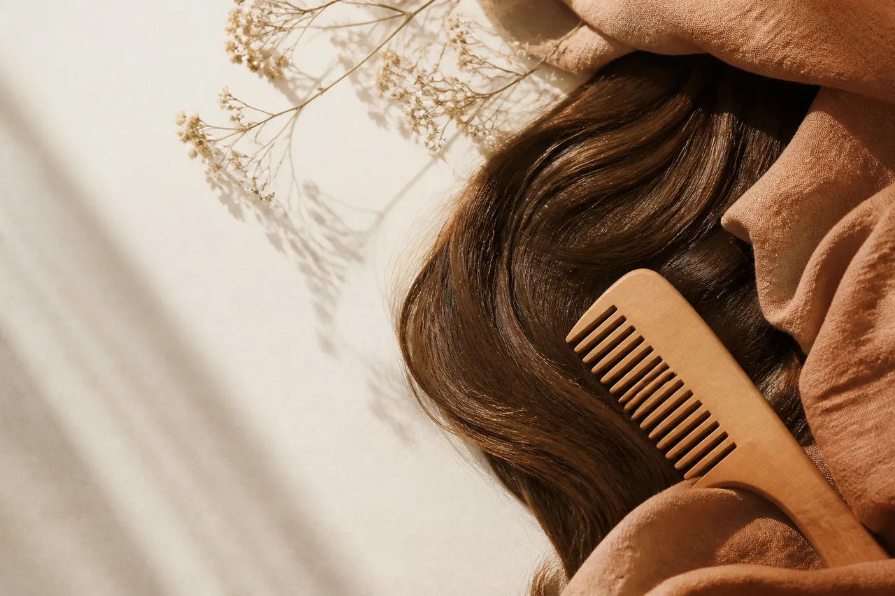 Bodegón editorial de cabello natural y tratamientos capilares.