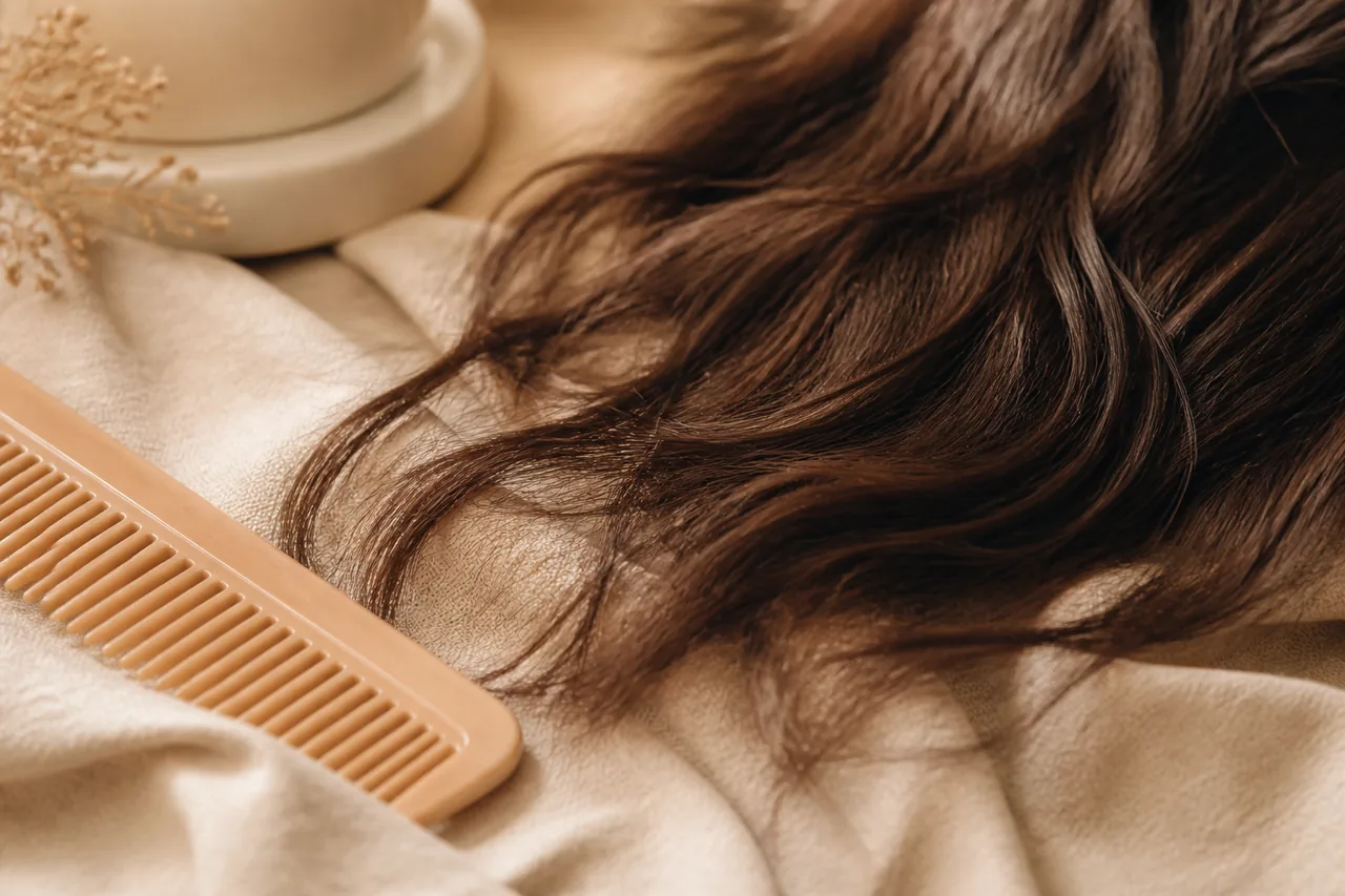 Detalle editorial de cabello natural y elementos de cuidado capilar.