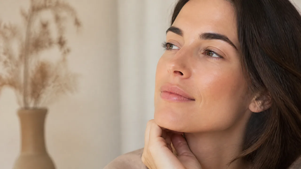 Retrato editorial de labios naturales e hidratación facial.